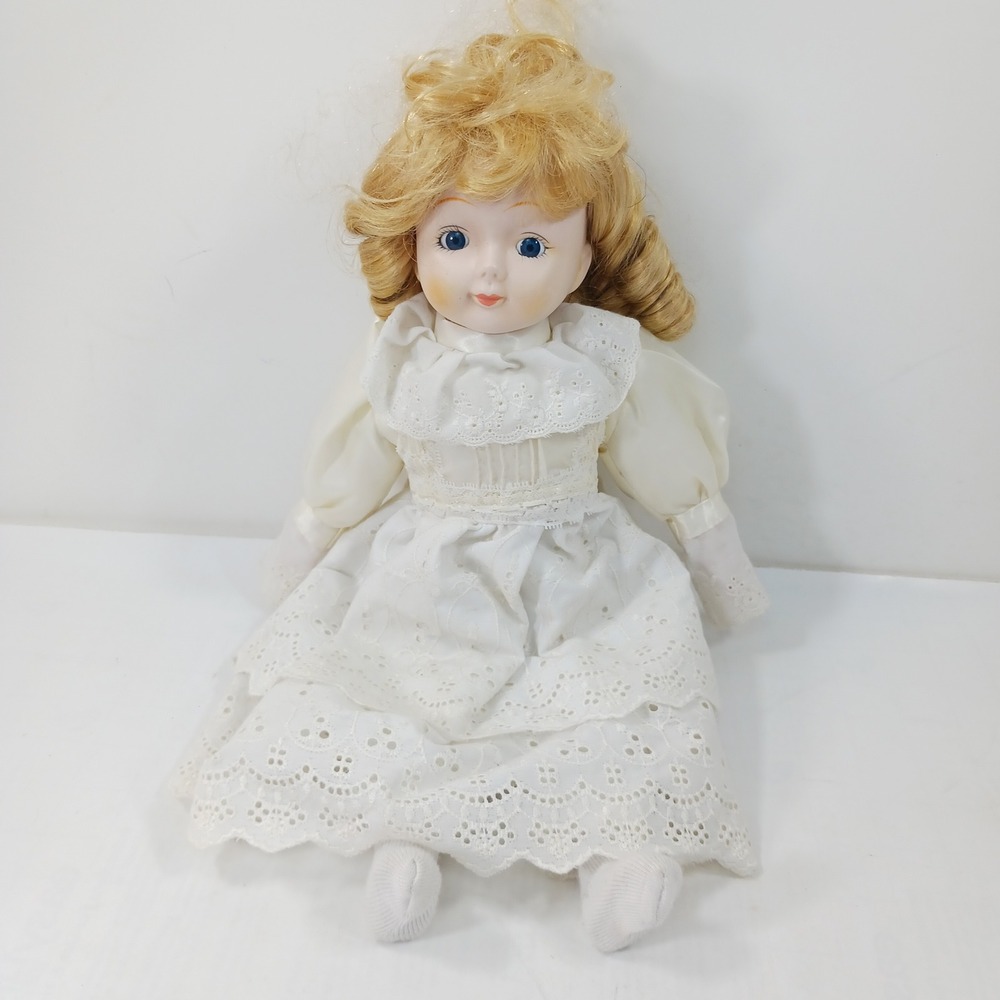 Vintage Porcelain Doll Blonde Hair Blue Eyes Cream Eyelet Lace Dress 17 Inch